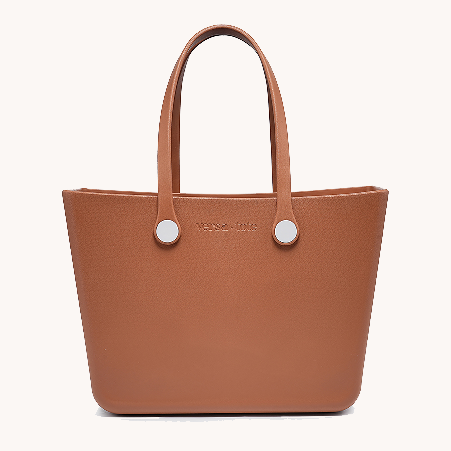 Carrie All Tote in cognac brown, tall handles and snap-button hardware