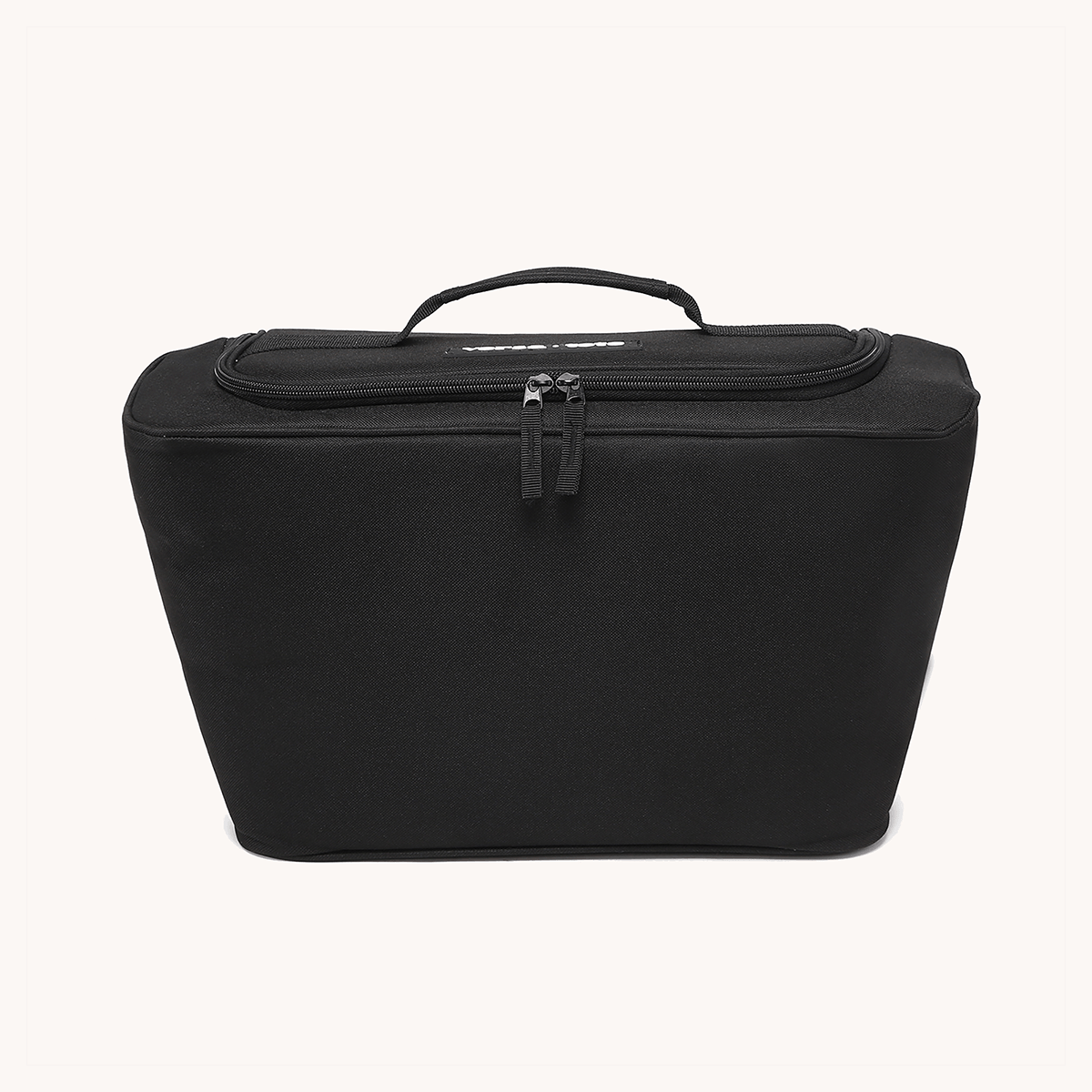 Black cooler liner with top zip, front strap tabs, and carry handle