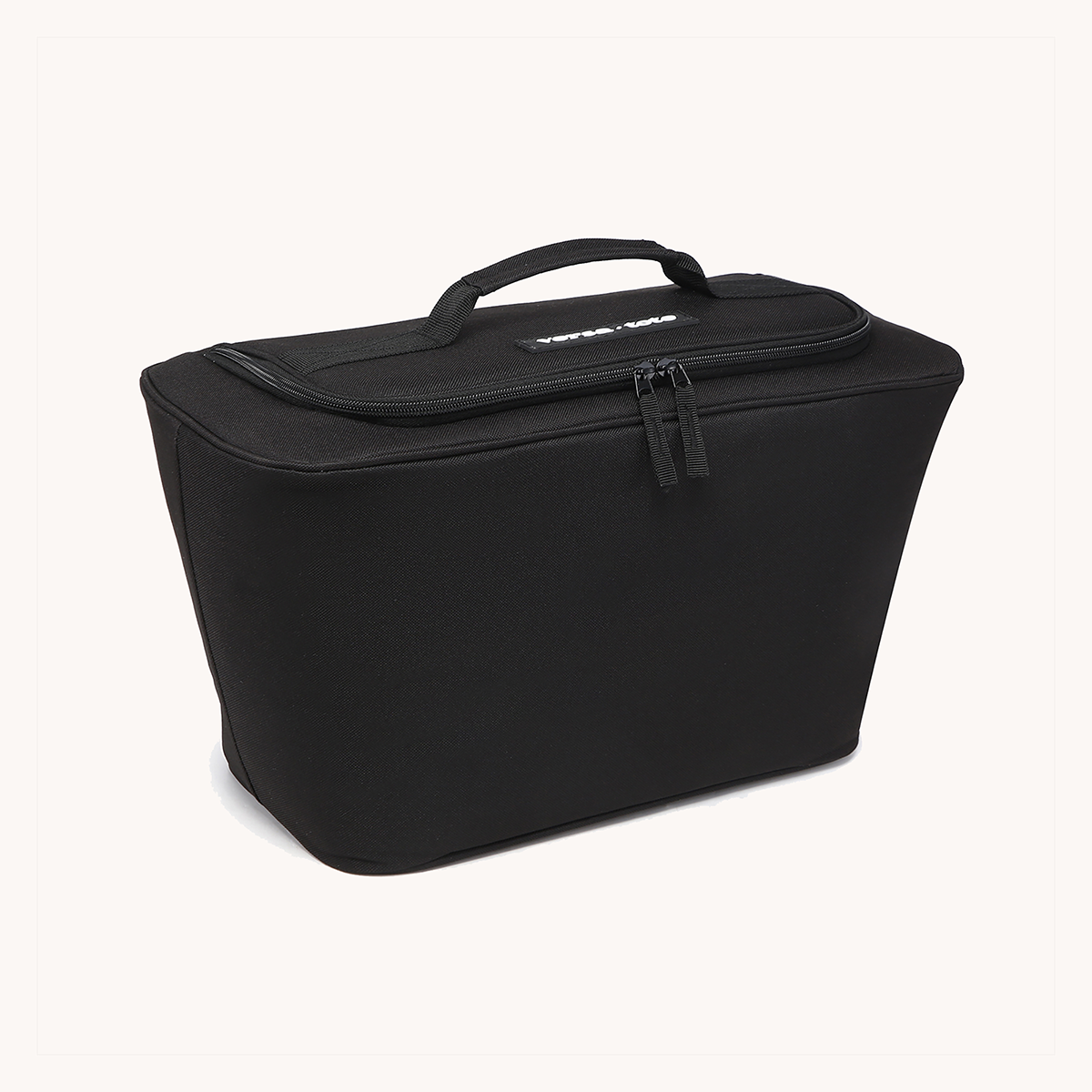 Black cooler liner with curved top handle and front zipper closure
