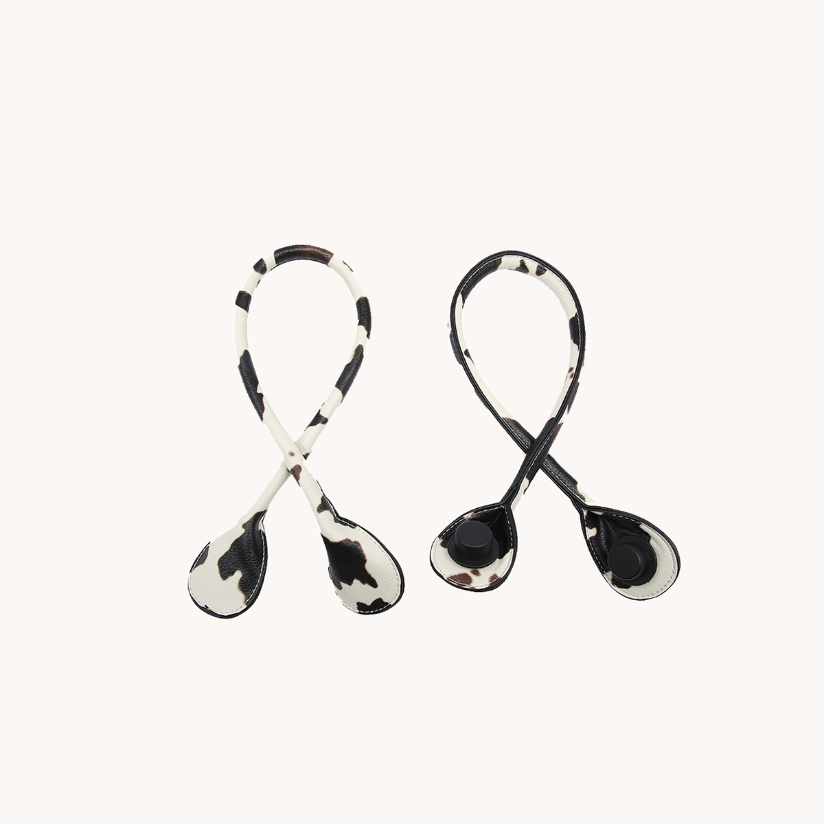 Vegan leather tote straps: cow-white with black spots and black with teardrop pads