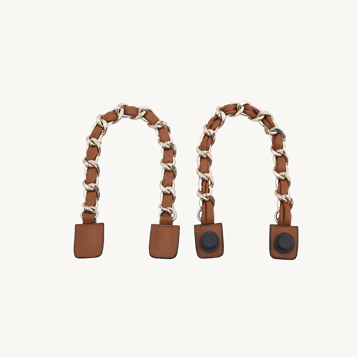 Chain straps with silver links and leather end tabs in brown and grey