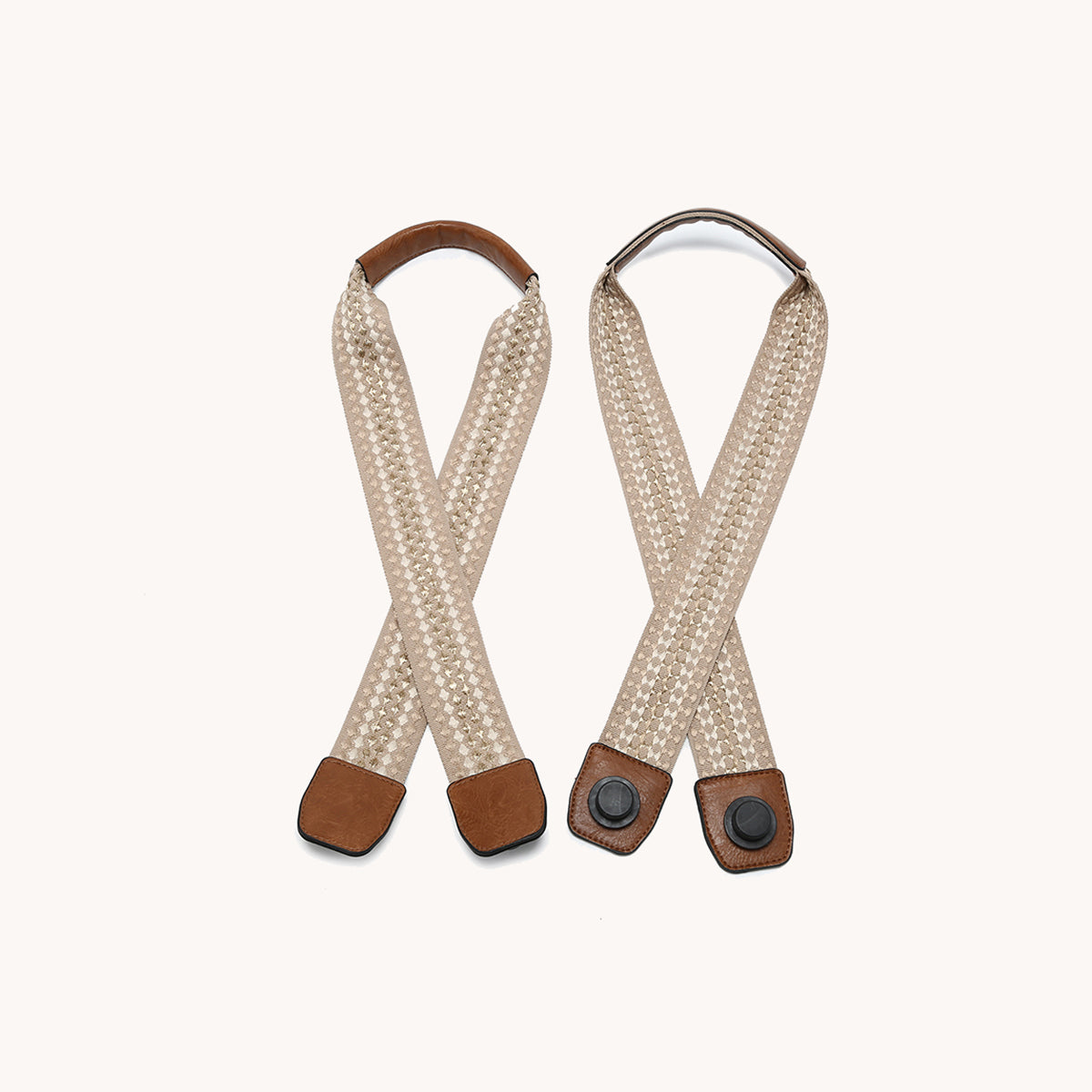 Long boho guitar strap, cream woven texture with brown leather ends and metal studs