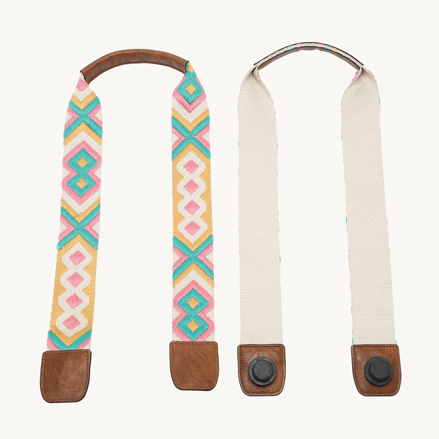 Boho Gitarrentragegurt Set: bunter Rautenstreifen plus cremefarbener Gurt mit runder Taste