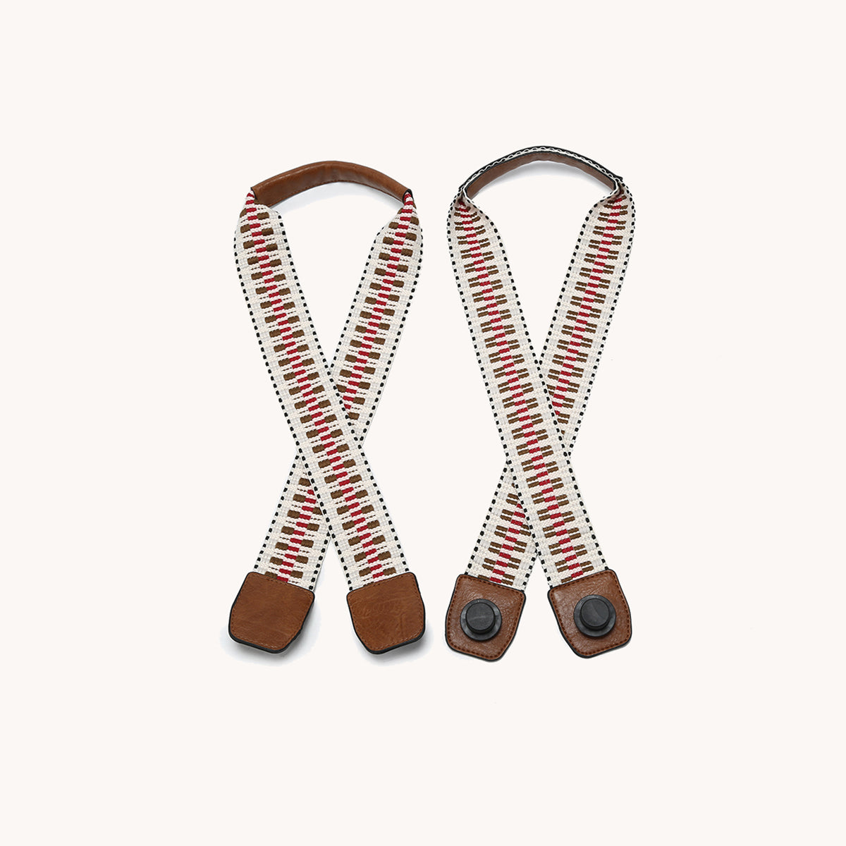Long boho guitar strap, white woven pattern with red accents and brown leather ends