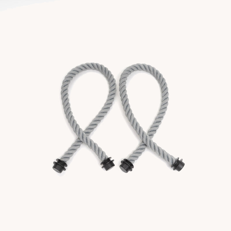 Grey rope strap with twisted texture and black end caps, pair of tote handles