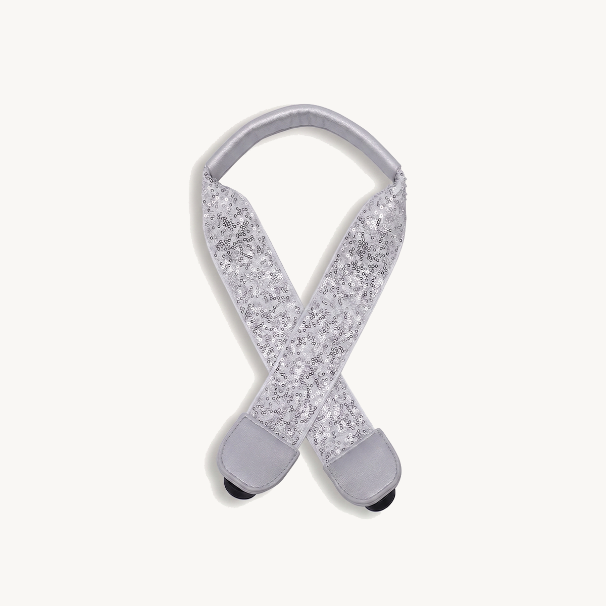 Sequin guitar strap for Versa in silver with glitter cross straps and gray padded ends.