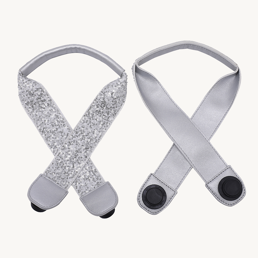 Sequin guitar strap for Versa, silver pair shown side by side with round end attachments.